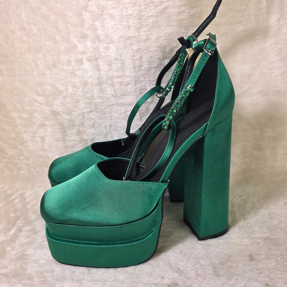 Rag & Co Platform Heels Emerald Green Satin Crystal 2 Ankle Straps Women 10 NEW